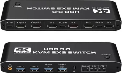Obrázek produktu pro ZELURXX KVM přepínač 2x2 HDMI 4K@60Hz s audio výstupem, USB 3.0, přepínač dvou monitorů, klávesová zkratka, kopírování/rozšíření, audio rozbočovač