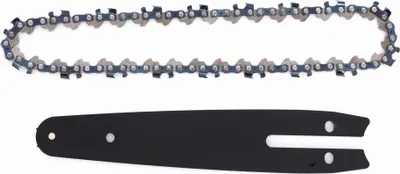 A chainsaw chain and guide bar are laid out on a white background.