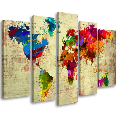 Immagine prodotto di Quadro in tela in 5 parti con mappa del mondo a colori 100x70 cm Feeby quadro a colori pronto per essere appeso