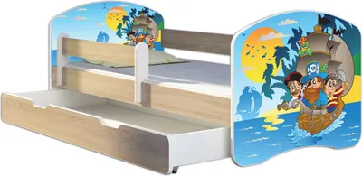 Produktbild von ACMA Jugendbett Kinderbett Junior-Bett Komplett-Set mit Matratze Lattenrost und Rausfallschutz Sonoma 21 Piraten 160x80 + Bettkasten
