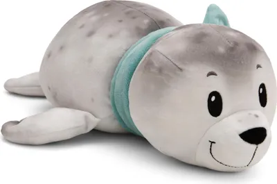 A plush toy seal lying down.