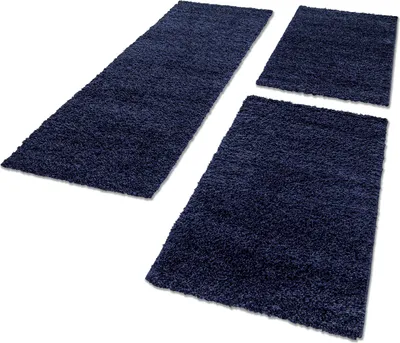 Obrázek produktu pro Sada 3 kusů koberců s vysokým vlasem v tmavě modré barvě, barva:tmavě modrá, sada postelí:2 x 60x110 + 1 x 80x150