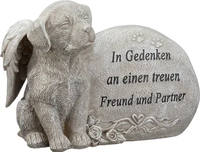 Produktbild von Gartenfigur Grabdeko Hund  mit Spruch und Engelsflügeln 17 cm grau