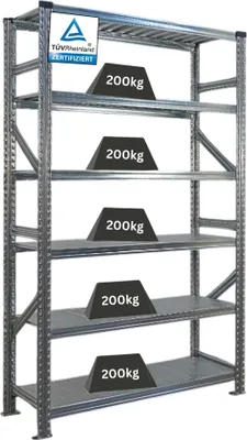 Produktbild von Fachbodenregal PROXIMO mit  Stecksystem | Grundregal | HxBxT 210x120x50cm | 6 Ebenen | Beidseitig nutzbar | Verzinkt