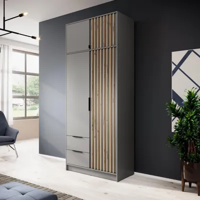 Produktbild von Schlafzimmer Kleiderschrank mit Aufsatzschrank, 105 cm Breite, in Grau mit Eiche Lamellen - NAMUR-160