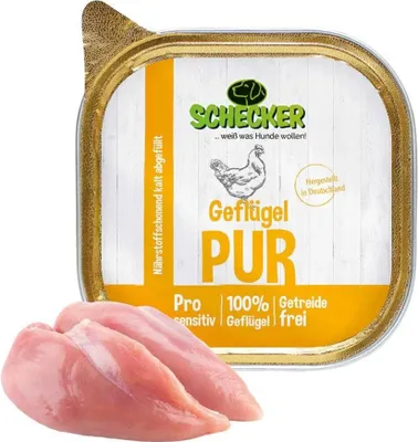 Produktbild von Schecker Fleischtopf-Schälchen PUR Geflügel, 36x 200g - Nassfutter - auch für empfindliche bis sehr empfindliche Hunde