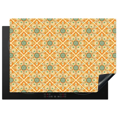 Produktbild von KitchenYeah© Herdabdeckplatte Mandala - Boho - Blumen - Orange - Muster , 75x52cm, Küche Deko, Glaskeramikkochfeld Herdabdeckung, Abdeckplatte fùr Kochfeld
