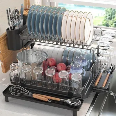 Image de Égouttoir compact en acier inoxydable noir à 2 niveaux