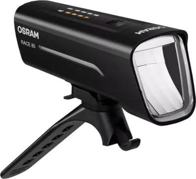 A black OSRAM RACE 80 bicycle front light with a black mount is shown against a white background.