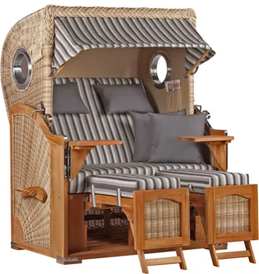 Produktbild von Strandkorb wetterfest Düne Teak Shell 2-Sitzer mit Bullaugen & PE-Geflecht Volllieger