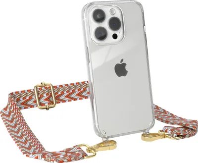 Produktbild von EAZY CASE Handykette - Verstellbarer Trageriemen kompatibel mit Apple iPhone 15 Pro, Handykordel mit transparenter Silikon-Hülle, Band in Orange