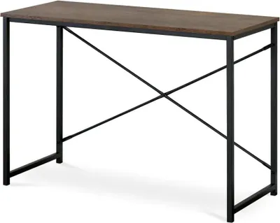 A desk with a brown wood-effect top and black metal legs, shown against a white background.