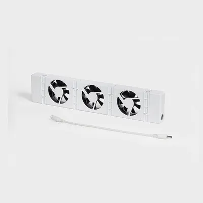 A white radiator fan enhancer with a white cable in front of it, set against a plain white background.