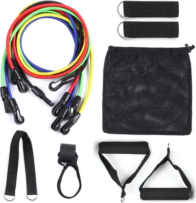 Produktbild von 11-teiliges Widerstandsbänder-Set für Workout, Fitness, Übungsschlauchbänder, Türanker, Knöchelriemen, gepolsterte Griffe mit Tragetaschen