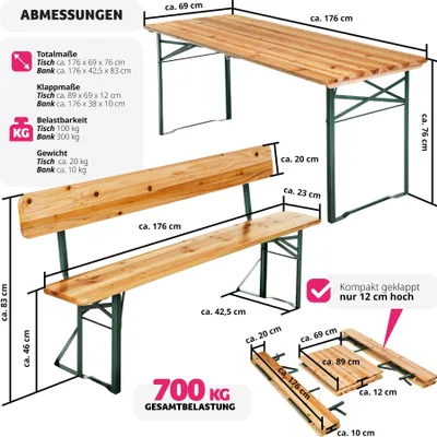 Produktbild von Bierzeltgarnitur Franz 3-teilig, klappbar, abnehmbare Rückenlehnen Holzlackierung mit Klarlack