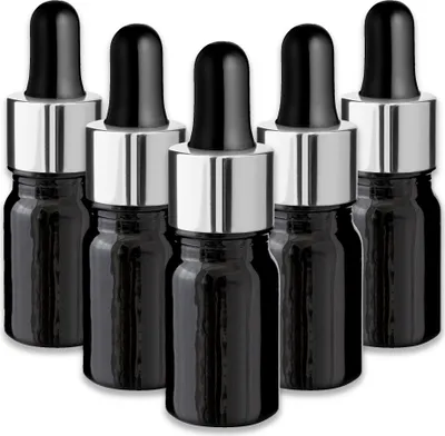 Produktbild von 5x Schwarze Glasflasche 5 ml mit silberner Aluminium-Pipette Tropfer