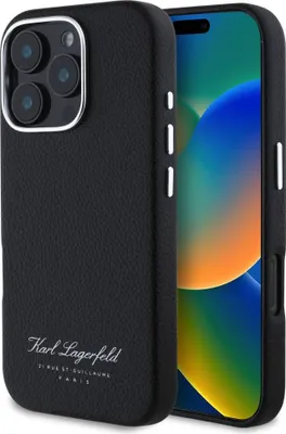 Produktbild von Karl Lagerfeld, Strukturierte Hülle iPhone 16 Pro Max Hotel RSG Design, Schwarz