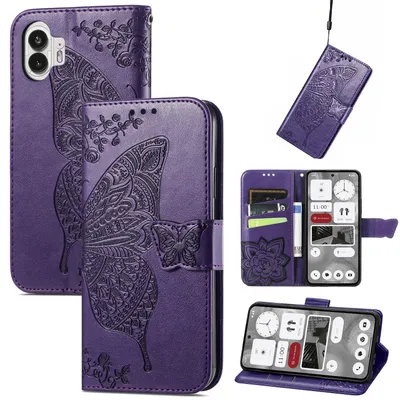 Image de Étui portefeuille en similicuir pour Nothing Phone 2, motif papillon, violet