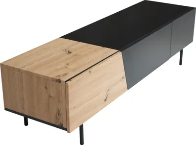 Productafbeelding van WOHNLING Dressoir zwart met eikenlook, 150x40x40 cm. Moderne TV-kast, laag dressoir, tv-tafel, tv-meubel met deuren en lade