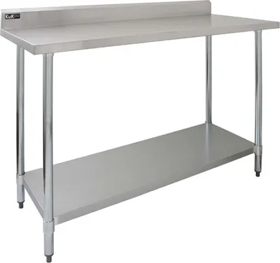 Image de Restauration - Table de travail en acier inoxydable - 120 cm - Table de cuisine - Table de découpe - Acier inoxydable - Table de préparation des aliments - Cuisine de restaurant - Rangement - Capacité de charge : 250 kg - Panneau arrière de 10 cm - 2 chiffons en microfibre