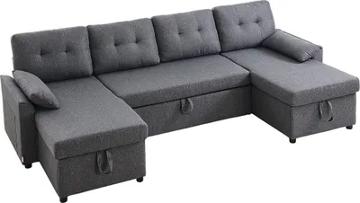 A U-shaped sectional sofa with storage compartments visible.