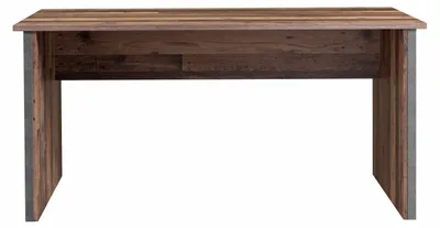Schreibtisch CLIF 153 cm in Old Wood mit Holzplatte und Spanplatte-Gestell, Gesamtansicht von vorne.