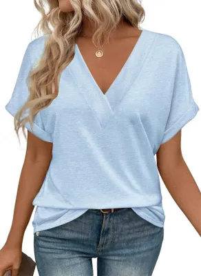 Image de ASKSA T-shirt col V Femme Manches courtes Chemisier Élégant Été Casual Unicolore T-shirts Basic Tunique Tops Hauts Décontractés (Bleu Ciel,M)