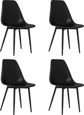 Four black dining chairs arranged in a grid on a white background.