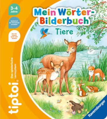 Cover of a children's book about animals, featuring deer, a fox, a rabbit, a hedgehog, a swan, and a bird.