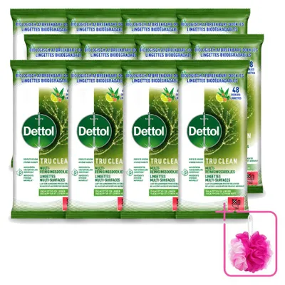 Productafbeelding van 12 x Dettol Tru Clean multifunctionele reinigingsdoekjes - Eucalyptus & Limoen - Biologisch afbreekbaar - Voordeelpakket - 12 stuks