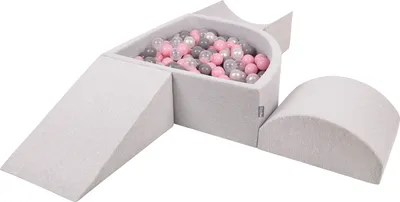 Produktbild von KiddyMoon spielplatz aus schaumstoff mit viertel eckig bällebad (300 bälle) hindernisläufe, hellgrau:perle/grau/transparent/puderrosa