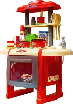 Produktbild von Aga4Kids Plastik-Kinderküche mit Zweiplattenherd und Backofen, Küchenspülbecken mit Wasserhahn, beleuchtete Brenner und Dunstabzugshaube, Rot