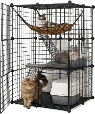 Produktbild von Famanu Katzenhaus für Innen & Außen – Katzengehege mit Leitern, Hängematte und Türen – Katzenbank für den Garten
