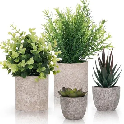 Produktbild von Ibenzoa® Set 4 künstliche Pflanzen im Topf – 2 Sukkulenten, Eukalyptus & Schlangenpflanze, realistische grüne Deko, 6,2 × 7 bis 20 × 24,5 cm, pflegeleicht