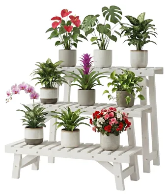 Productafbeelding van Relaxdays bloemenstandaard, 3-delige set, hoogte: 19,5 / 33 / 49 cm, grenenhout, voor binnen- en buitengebruik, plantenstandaard, wit