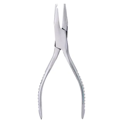A pair of silver pliers against a white background.