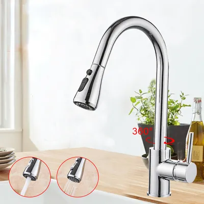 A chrome kitchen faucet with a pull-out spray head is shown on a wooden countertop, with inset images demonstrating water flow modes.