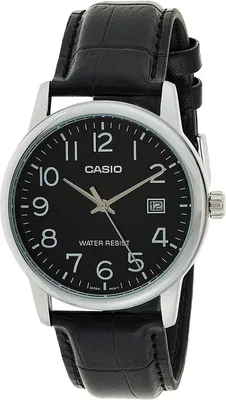 A close-up studio shot of a Casio men's watch with a black leather strap and a black dial.