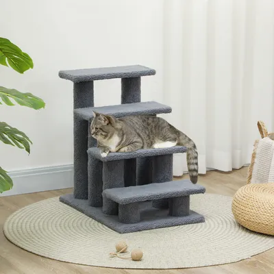 Produktbild von Haustiertreppe Tiertreppe, Katzentreppe 4-stufig Plüsch-Treppe für Katzen Hunde, Spanplatte Plüsch, Grau | 7,55 kg | bis 10 kg | 61x41x60 cm