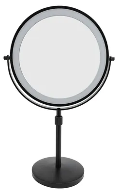 Zdjęcie produktu dla Podświetlane lusterko do makijażu, 22 cm, z regulacją wysokości, dwustronna toaletka powiększająca z 3-kolorowym oświetleniem LED, czarna, 10-krotne powiększenie