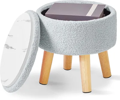 Imagen del producto de Taburete infantil de 33 cm, pequeño taburete con espacio de almacenamiento, reposapiés redondo con asiento acolchado y patas de madera, mini taburete de terciopelo tipo "teddy"