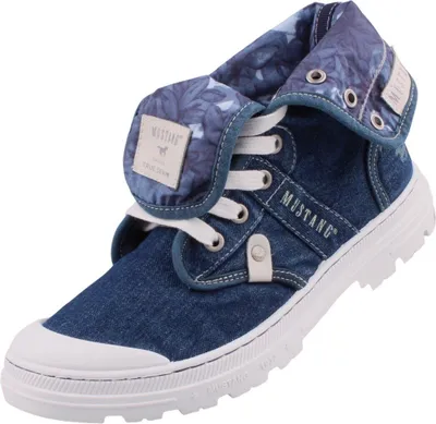 A single blue denim boot with a folded-down cuff.