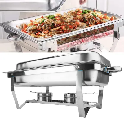 A collage showing a chafing dish filled with food and another chafing dish with the lid on, both made of stainless steel.