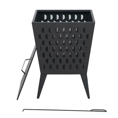 A black metal fire pit with a diamond pattern on a white background.