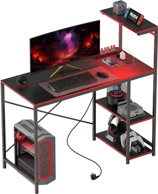 Image de Bureau gaming - Bureau d'ordinateur - Éclairage LED RGB - 100 cm - Étagères - Rectangulaire - Bois - Noir