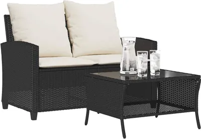 Produktbild von Gartensofa/Loungesofa - 2-Sitzer - mit Kissen - & Tisch Schwarz Poly Rattan - Gartensofas CC25616