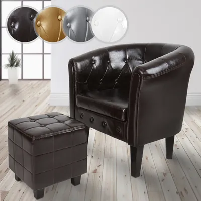 Produktbild von MIADOMODO® Chesterfield Sessel mit Hocker - aus Holz und Kunstleder, Kupfernieten, Rautenmuster, Braun- Loungesessel inkl. Sitzhocker