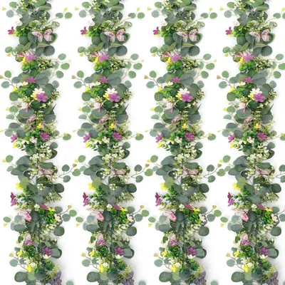 Produktbild von Künstliche Blumengirlande Eukalyptus 4 Stück 5.68FT mit 3D Schmetterlingen und Blumen für Deko