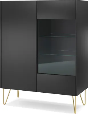 Produktbild von Vitrine Vitrinenschrank HARMONY WT97 mit Goldene Füße Schrank Wohnzimmerschrank Schwarz Graphit/ Schwarz Marmor