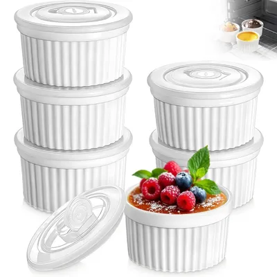 Zdjęcie produktu dla 6 sztuk misek do crème brûlée z pokrywkami - pojemność 236 ml